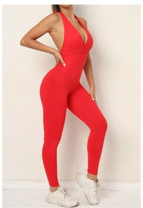 Detail of red backless halter neck yoga jumpsuit with high elastic quick-dry fabric