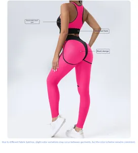 Detailed view of yoga leggings with breathable mesh patchwork and peach lift stitching