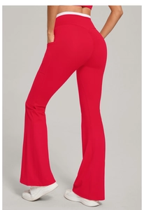Rear view of red flared yoga pants showing scrunch butt detail and contrast waistband