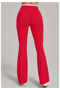 Detail of red flared yoga pants with white waist splicing and scrunch butt lifting effect