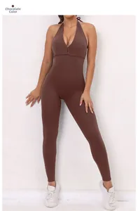 Front view of a chocolate brown halter neck jumpsuit featuring a deep V-neck and slim fit
