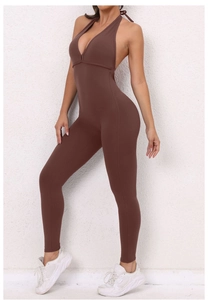 Close-up of coffee brown backless yoga bodysuit featuring high-elastic quick-dry fabric
