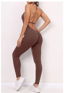 Detail of scrunch butt yoga bodysuit with open back and brown high elasticity fabric