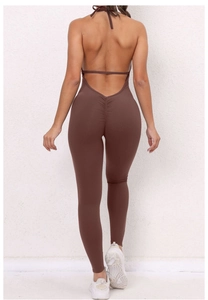 Detail view of brown backless yoga jumpsuit featuring ruched bum lifting design