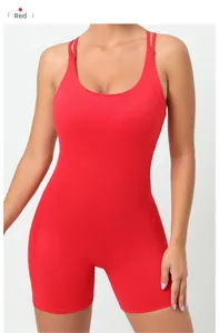 Front view of a red one-piece yoga jumpsuit with thin shoulder straps for workout