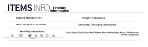 Tableau des tailles du haut de yoga T14, tissu 78% nylon 22% élasthanne et 10 coloris