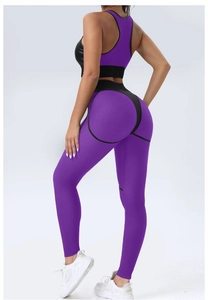 Detail of purple honeycomb textured yoga set with mesh stitching and push-up fit