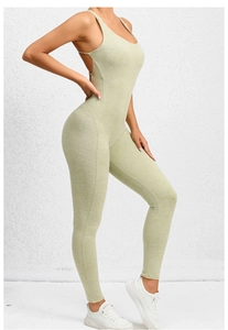 Detail of sage green one-piece yoga jumpsuit with racerback and scrunch butt design