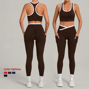Damen Kontrastbesatz Yoga-Set V-Cross Hohe Taille Leggings Racerback Bra Hochstretch Nylon Elastan Top Und Bottom Sportbekleidung