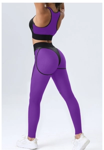 Detailed view of purple honeycomb fabric yoga set with high waist butt lift seam design