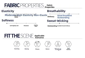 Infographie fonctionnelle du combishort de yoga montrant le tissu respirant et extensible