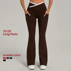 Women High Waist Yoga Flare Pants Cross Waist Contrast Color Leggings With Side Pockets Flared Fitness Workout Sport Trousers