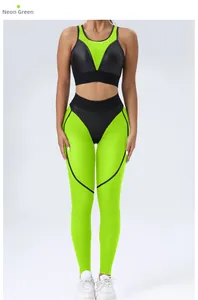 Detail of neon green and black workout set with honeycomb mesh and body-contouring lines