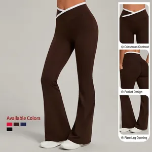 High-waist flare yoga pants with V-cross waistband, side pockets and slimming fit