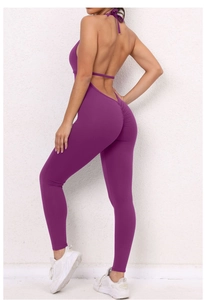 Detail of purple backless yoga unitard with crisscross straps and scrunch butt design