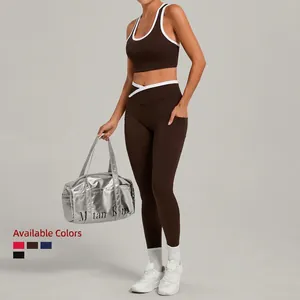 Dunkelbraunes Yoga-Set für Damen mit Sport-BH und High-Waist-Leggings mit Taschen