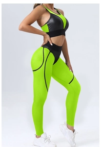 Detail of high-stretch neon green yoga set with breathable mesh and black paneling