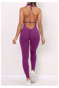 Detail of purple backless yoga jumpsuit featuring scrunch butt and neck tie design