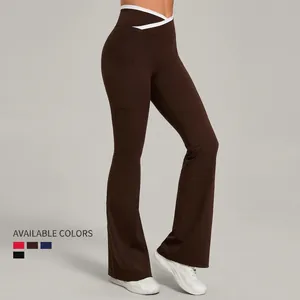 Women's high waist yoga flare pants with V-cross contrast waistband and side pockets