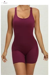 Detail of purple cross-back yoga bodysuit featuring tight-fit stretch athletic fabric