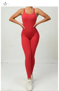 Sleepless sunset red scrunch jumpsuit for women with thin straps for yoga and fitness training