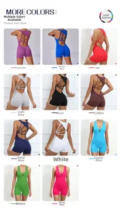 Detailed multi-color display of ruched butt lift yoga jumpsuits with cross back design