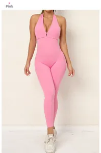 Pink halter neck yoga bodysuit featuring a scrunch butt lifting effect and tight fit