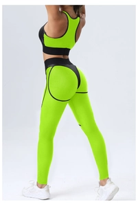 Close-up of neon green honeycomb textured sports bra and high-waist yoga leggings