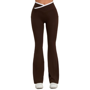Deep coffee flare yoga pants with white cross waist and practical side pockets