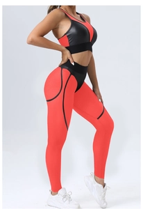 Detail of red honeycomb mesh texture on fitness yoga bra and high waist leggings set