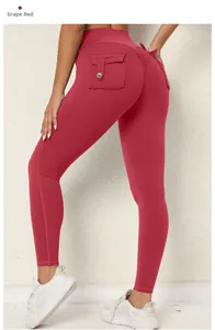 Detailansicht der hoch taillierten Yoga-Leggings in Weinrot mit Scrunch-Butt und Taschen