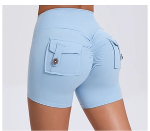 Detail view of high waist yoga shorts featuring cargo pockets and butt lifting scrunch seam
