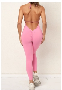 Pink halter backless yoga jumpsuit featuring scrunch butt lifting detail and slim fit