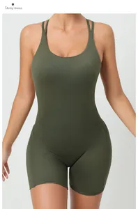 Front view of army green one-piece yoga romper featuring thin straps and U-neckline