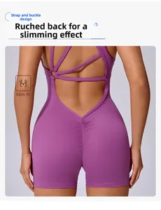 Detailed back view of purple yoga bodysuit featuring cross-strap rings and ruched bum texture
