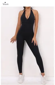 Front view of black high-elasticity lace-up yoga jumpsuit with deep V-neck and slim fit