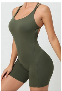 Detail of army green yoga jumpsuit showing durable stitching and matte athletic fabric