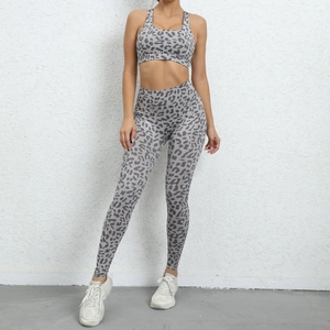 Detail of high-waisted leopard print yoga leggings and sports bra set in gray and black