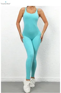 Detail view of crystal blue yoga bodysuit with slim fit design and double thin straps