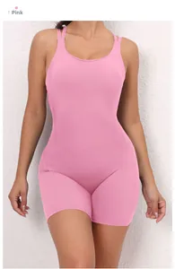 Detail of pink yoga bodysuit with thin straps and breathable stretch athletic fabric