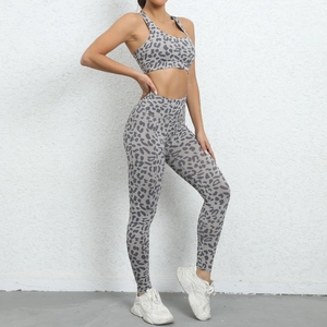 Detail of leopard print workout set with high-waisted leggings and sports bra