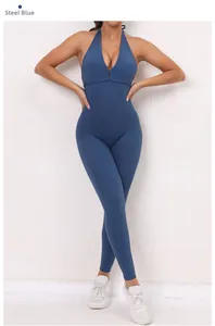 Detail of steel blue halter V-neck yoga jumpsuit with backless and scrunch butt design