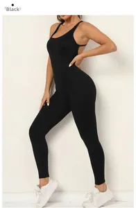 Detail of black backless yoga jumpsuit with ruched peach butt lifting effect and high stretch
