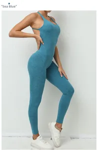 Detail of sea blue backless yoga jumpsuit with thin straps and heathered texture fabric
