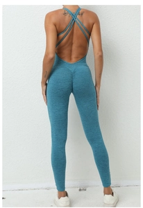 Detail of the cross back thin straps and scrunch butt design on the blue yoga jumpsuit