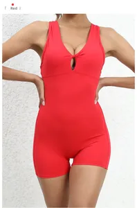 Detail of red V-neck one-piece swimsuit featuring a hollow twist knot and shorts-style bottom