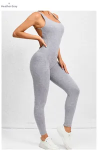 Macro view of high-elasticity grey marl yoga jumpsuit showing backless design and slim fit