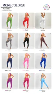 Grid display of open back yoga jumpsuits in twelve vibrant colors with scrunch butt detail