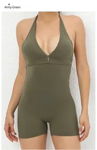 Close-up of military green halter neck bodysuit with hollow-out chest detail for yoga