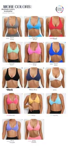 Detailed grid showing 14 available colors for the V-neck crisscross back sports bra